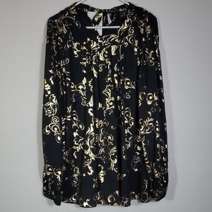 Vintage Worthington Metallic Pleated Long Sleeve Top Blouse Size 3X Gold Black